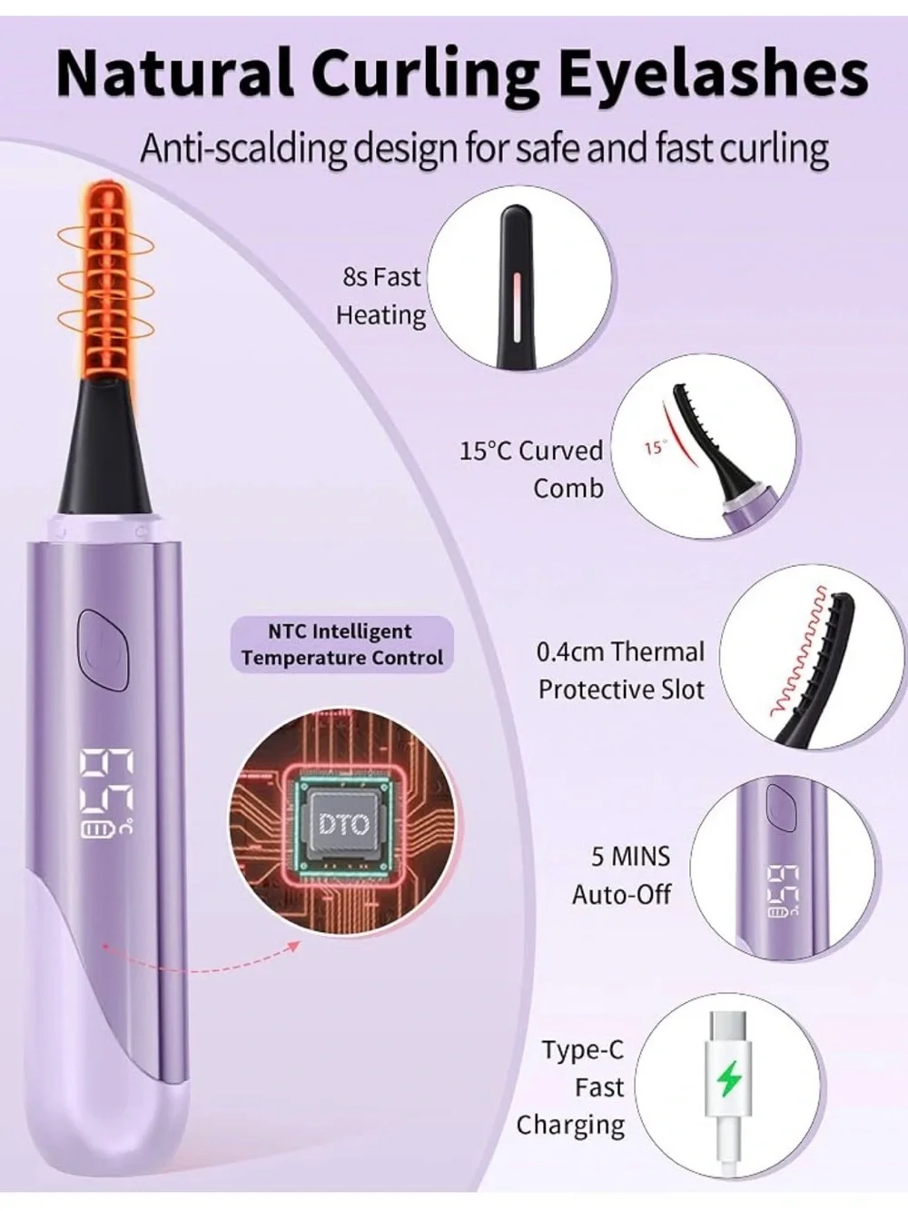 purple charging electric heated eyelash curler with an LCD digital display
